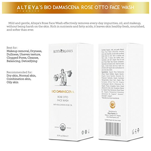 Alteya Organic jabón para lavado facial 250 ml – USDA certificado de producto orgánico, jabón biodegradable – puro y natural purificante jabón líquido para limpiado facial de aceite esencial de rosa damascena – complejo para revivir la piel – nutritivo, p