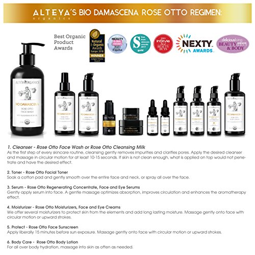 Alteya Organic jabón para lavado facial 250 ml – USDA certificado de producto orgánico, jabón biodegradable – puro y natural purificante jabón líquido para limpiado facial de aceite esencial de rosa damascena – complejo para revivir la piel – nutritivo, p