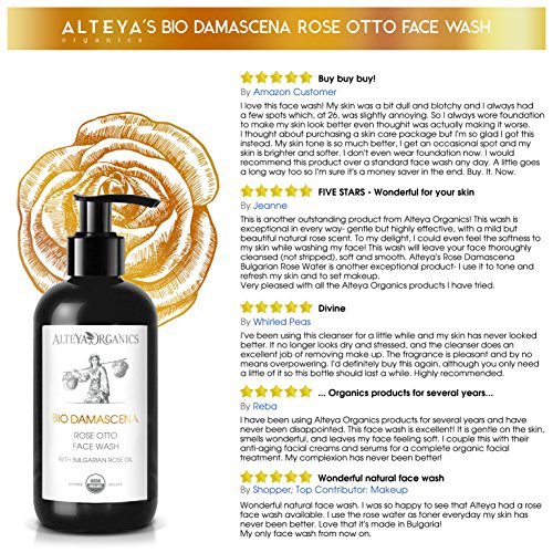 Alteya Organic jabón para lavado facial 250 ml – USDA certificado de producto orgánico, jabón biodegradable – puro y natural purificante jabón líquido para limpiado facial de aceite esencial de rosa damascena – complejo para revivir la piel – nutritivo, p