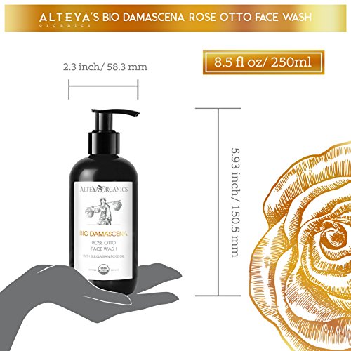 Alteya Organic jabón para lavado facial 250 ml – USDA certificado de producto orgánico, jabón biodegradable – puro y natural purificante jabón líquido para limpiado facial de aceite esencial de rosa damascena – complejo para revivir la piel – nutritivo, p