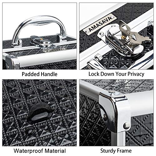 AMASAVA Maletín para Maquillaje, Estuche de Maquillaje, Estuche de cosméticos,21,5x17,5x20cm, ABS de Aluminio, con Espejo, Cerradura, 2 bandejas, Negro