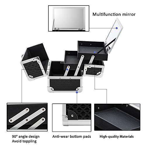 AMASAVA Maletín para Maquillaje, Estuche de Maquillaje, Estuche de cosméticos,21,5x17,5x20cm, ABS de Aluminio, con Espejo, Cerradura, 2 bandejas, Negro