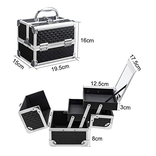 AMASAVA Maletín para Maquillaje, Estuche de Maquillaje, Estuche de cosméticos,21,5x17,5x20cm, ABS de Aluminio, con Espejo, Cerradura, 2 bandejas, Negro