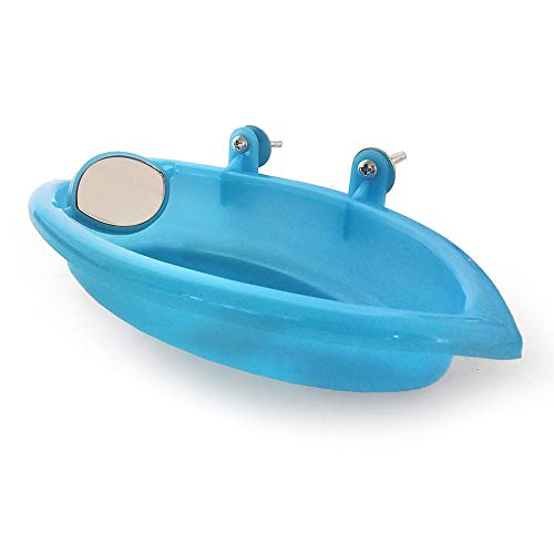 Amasawa Bañera de Plástico para Pájaros con Espejo, para Loros de Mascotas Bañera de Baño Caja de Baño Accesorios de Bañera para Ducha de Pájaros (Azul)