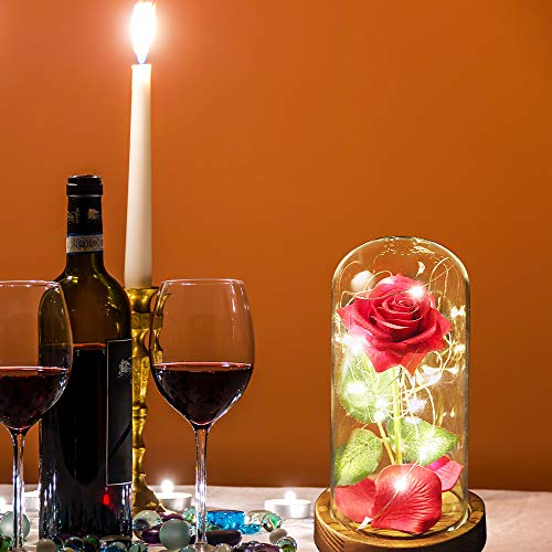 AMAYGA"La Bella y La Bestia Rosa Encantada, Elegante Cúpula de Cristal con Base Pino Luces LED, Beauty and Beast Regalos Magicos Decoración para Día de San Valentín Aniversario Bodas