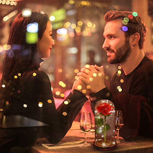 AMAYGA"La Bella y La Bestia Rosa Encantada, Elegante Cúpula de Cristal con Base Pino Luces LED, Beauty and Beast Regalos Magicos Decoración para Día de San Valentín Aniversario Bodas