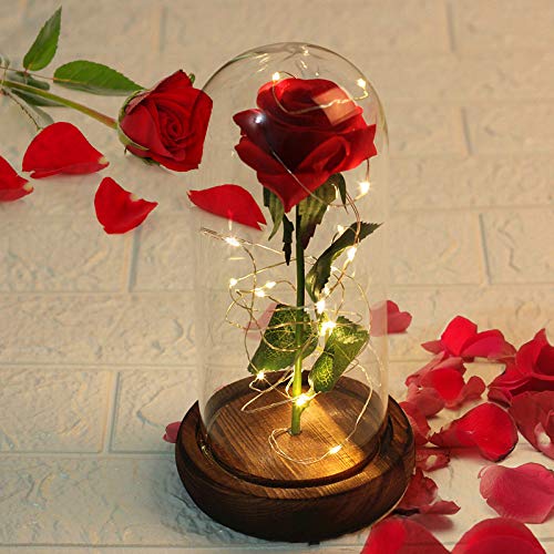 AMAYGA"La Bella y La Bestia Rosa Encantada, Elegante Cúpula de Cristal con Base Pino Luces LED, Beauty and Beast Regalos Magicos Decoración para Día de San Valentín Aniversario Bodas