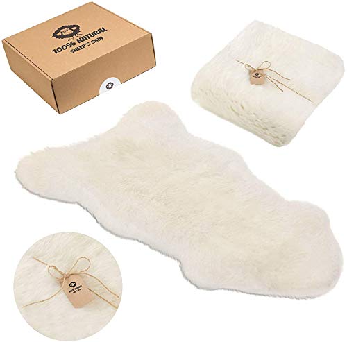 Amazinggirl Alfombra de pelos Largo - Hecha de Piel Real Alfombra Blanca Pelo Cordero Oveja dormitorios Sala de Estar vivero decoración Blanco 100% Natural