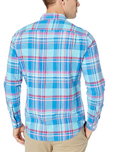 Amazon Essentials - Camisa de lino con manga larga, corte entallado y estampado para hombre, Aguamarina Cuadros, US M (EU M)