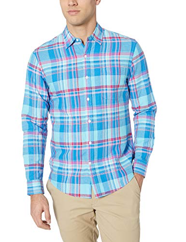 Amazon Essentials - Camisa de lino con manga larga, corte entallado y estampado para hombre, Aguamarina Cuadros, US M (EU M)