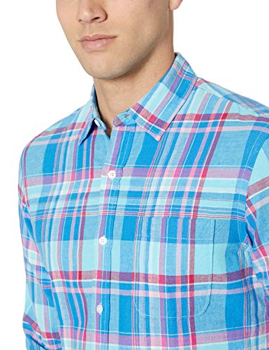 Amazon Essentials - Camisa de lino con manga larga, corte entallado y estampado para hombre, Aguamarina Cuadros, US M (EU M)