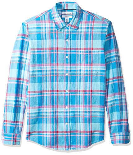 Amazon Essentials - Camisa de lino con manga larga, corte entallado y estampado para hombre, Aguamarina Cuadros, US M (EU M)