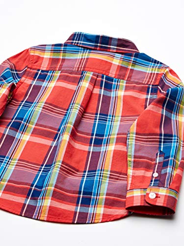 Amazon Essentials - Camisa de popelina/batista de manga larga para niño, Madras Red, US L (EU 134-140 CM)