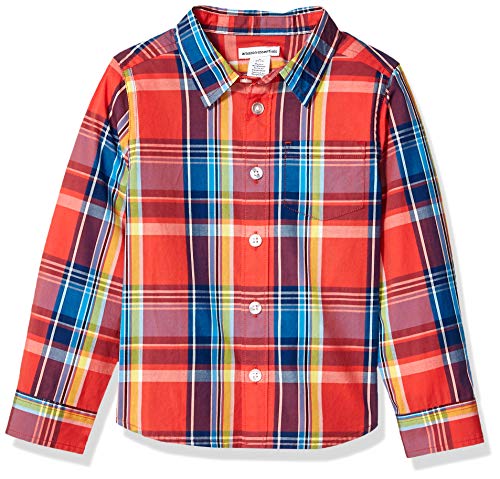 Amazon Essentials - Camisa de popelina/batista de manga larga para niño, Madras Red, US L (EU 134-140 CM)