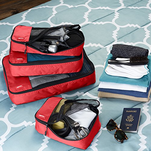 AmazonBasics - Bolsas de equipaje (pequeña, mediana, grande y alargada, 4 unidades), Rojo