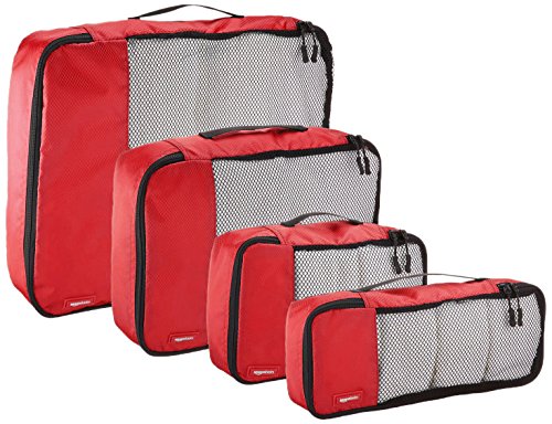 AmazonBasics - Bolsas de equipaje (pequeña, mediana, grande y alargada, 4 unidades), Rojo