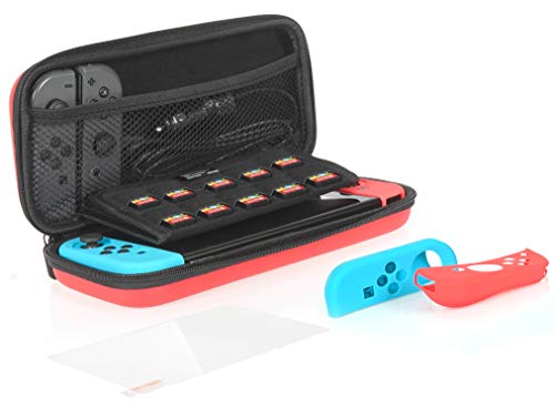 AmazonBasics - Kit de protección para Nintendo Switch, con funda de transporte y protector de pantalla de cristal templado - Rojo