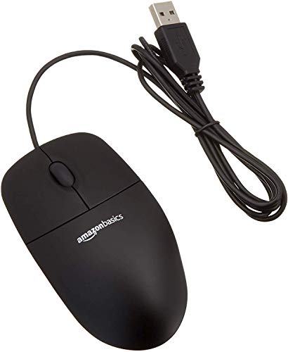 AmazonBasics - Ratón con 3 botones y cable USB, 5V - 100mA, color negro