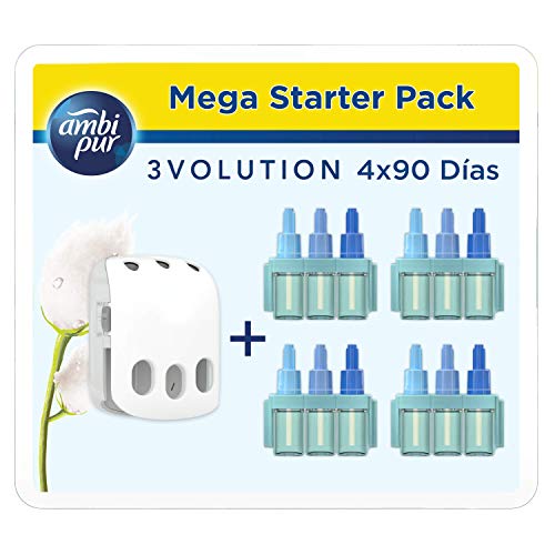 Ambi Pur 3Volution Mega Starter Pack Nubes de Algodón Ambientador Eléctrico, 4 Recambio con 3 Fragancias Que Se Alternan Para Eliminar Olores - 21 ml