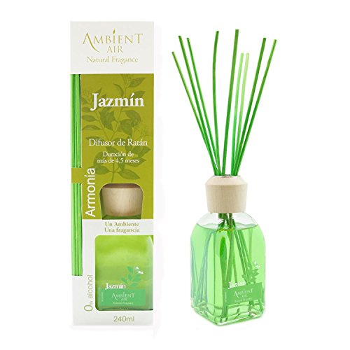 Ambientair Classic. Difusor de varillas perfumadas. Ambientador Mikado aroma Jazmín. Difusor 240 ml con palitos de ratán. Ambientador para Hogar sin alcohol.