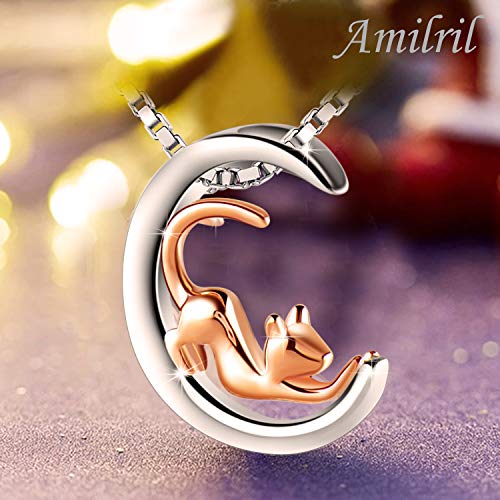 Amilril Collar, Colgante Luna y Gato, Plata de Ley 925 Moda Joyería, Regalos Navidad Originales