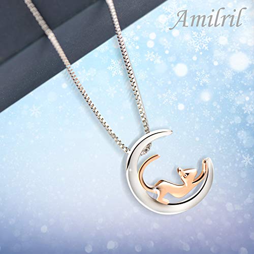 Amilril Collar, Colgante Luna y Gato, Plata de Ley 925 Moda Joyería, Regalos Navidad Originales
