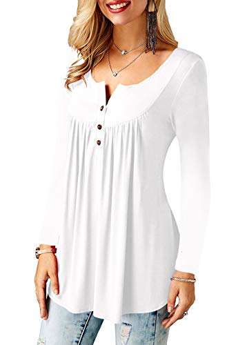 Amoretu Blusa Mujer Manga Larga Botones Flare Delgado Color Sólido Camisa Cuello en V Tops Blanco XXL