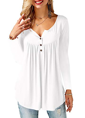 Amoretu Blusa Mujer Manga Larga Botones Flare Delgado Color Sólido Camisa Cuello en V Tops Blanco XXL