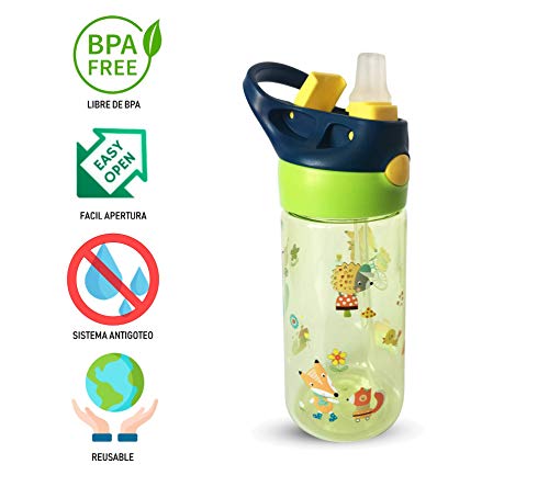 AMTBABY Botella de Tritan reutilizable con sistema antigoteo de 450ml. Facil Apertura. Sin BPA para uso diario y aprendizaje de Bebes y Niños.