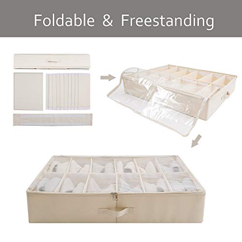AMX Caja para Guardar Zapatos Debajo de la Cama - Contenedor Grande Debajo de la Cama, Plegable con Tapas de plástico Transparente con Cremallera, Beige