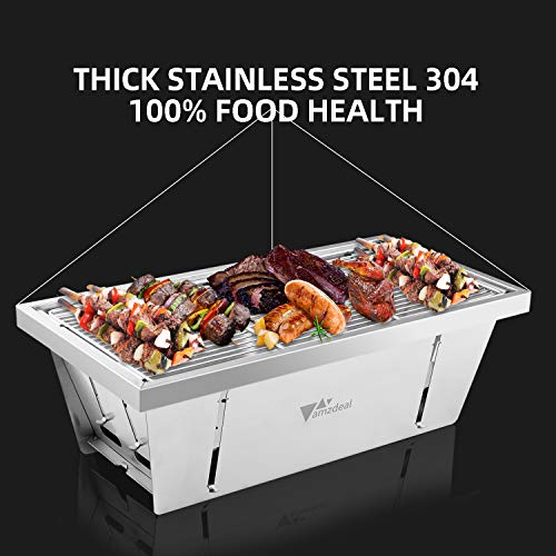 Amzdeal Barbacoa Parrilla de Carbón de Acero Inoxidable Portátil al Aire Libre Instalar y Doblar Por un Segundo Apto Para Picnic Camping Patio 3-5 Personas