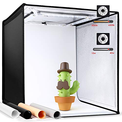 amzdeal Caja de Luz Fotografía Estudio 50x50x50 cm Portátil 3000-6500K Temperatura de Color, Brillo Regulable (10w-40w) con 4 Fondos + 4 Tiras de LED