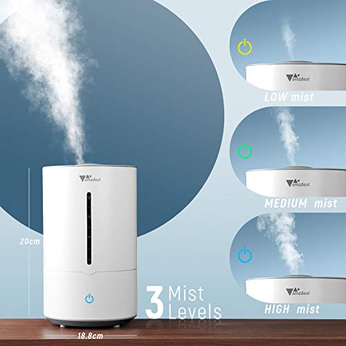 amzdeal Humidificador 4L - Humidificador Gran Capacidad con 3 Niveles de Niebla Regulables, Ultra Silencioso & Salida 360° Giratoria, 3 Colores de LED Indicadores, Apagado Automático sin Agua