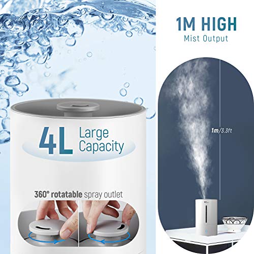 amzdeal Humidificador 4L - Humidificador Gran Capacidad con 3 Niveles de Niebla Regulables, Ultra Silencioso & Salida 360° Giratoria, 3 Colores de LED Indicadores, Apagado Automático sin Agua