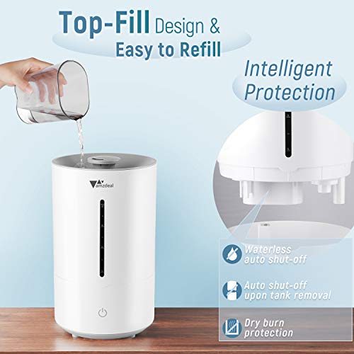 amzdeal Humidificador 4L - Humidificador Gran Capacidad con 3 Niveles de Niebla Regulables, Ultra Silencioso & Salida 360° Giratoria, 3 Colores de LED Indicadores, Apagado Automático sin Agua