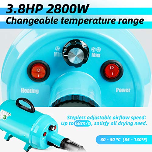 amzdeal Secador de pelo de perro 2800W/3.8HP, velocidad ajustable sin escalones, soplador de pelo de mascotas, soplador de fuerza de pelo de mascotas con sistema calefactado, manguera de resorte, azul