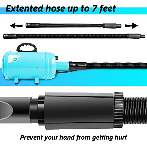 amzdeal Secador de pelo de perro 2800W/3.8HP, velocidad ajustable sin escalones, soplador de pelo de mascotas, soplador de fuerza de pelo de mascotas con sistema calefactado, manguera de resorte, azul
