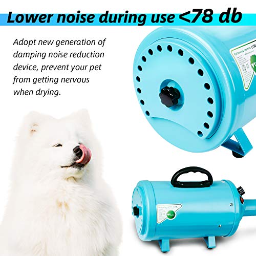 amzdeal Secador de pelo de perro 2800W/3.8HP, velocidad ajustable sin escalones, soplador de pelo de mascotas, soplador de fuerza de pelo de mascotas con sistema calefactado, manguera de resorte, azul