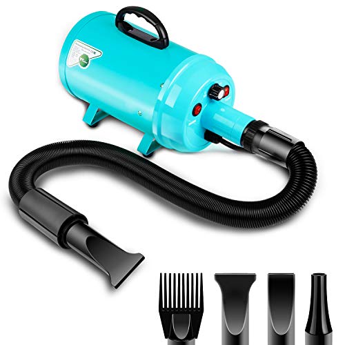 amzdeal Secador de pelo de perro 2800W/3.8HP, velocidad ajustable sin escalones, soplador de pelo de mascotas, soplador de fuerza de pelo de mascotas con sistema calefactado, manguera de resorte, azul