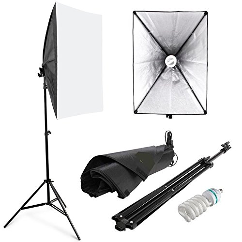 Amzdeal Softbox 50 x 70 cm Kit de lluminación Ventana de luz para fotográfico, Lluminación Continua Estudio Fotografía - 1x 135W Bombilla+ 1x Softbox + 1x Trípode Montaje Universal + Bolsa de Tela versión