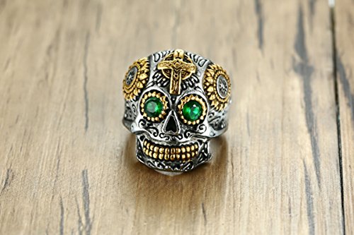 AnazoZ Anillos de Hombre Acero Inoxidables Anillo Cruz Calavera Anillo Hombre Oro Verde Plata Anillo Talla 30