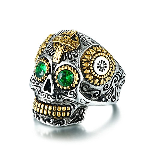 AnazoZ Anillos de Hombre Acero Inoxidables Anillo Cruz Calavera Anillo Hombre Oro Verde Plata Anillo Talla 30