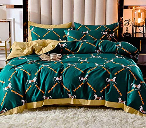 ANAZOZ Juegos de Cama de 3 Piezas,Fundas Cama Nórdico Verde Oscuro Amarillo Caballos y Cinturón(Cama 120 Edredón 150x200cm Sábana 180x230cm Almohada 48x74cm x 1)