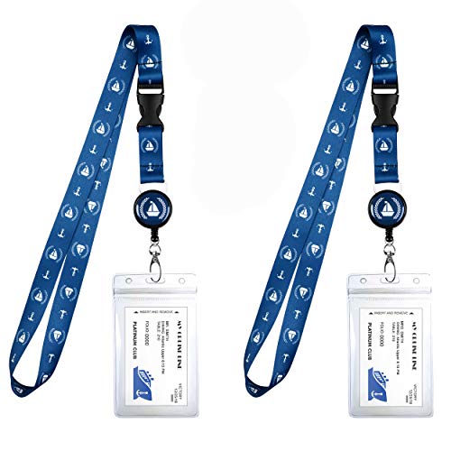 Ancla azul marino Crucero Lanyard de crucero y Clip de titular de la tarjeta de identificación a prueba de agua. Carrete de placa retráctil a juego. Accesorios esenciales para cruceros. 2 paquetes.