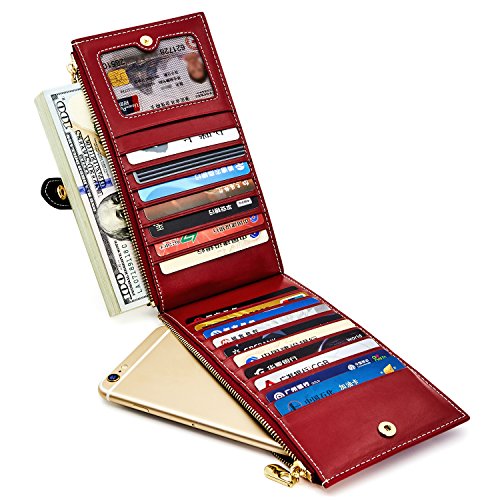 ANDOILT - Cartera de piel auténtica para mujer con bloqueo RFID y cierre para tarjetas de crédito - Rojo - Talla única