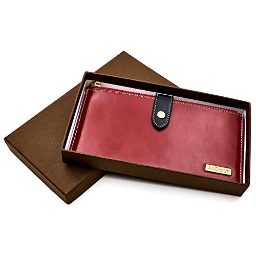 ANDOILT - Cartera de piel auténtica para mujer con bloqueo RFID y cierre para tarjetas de crédito - Rojo - Talla única