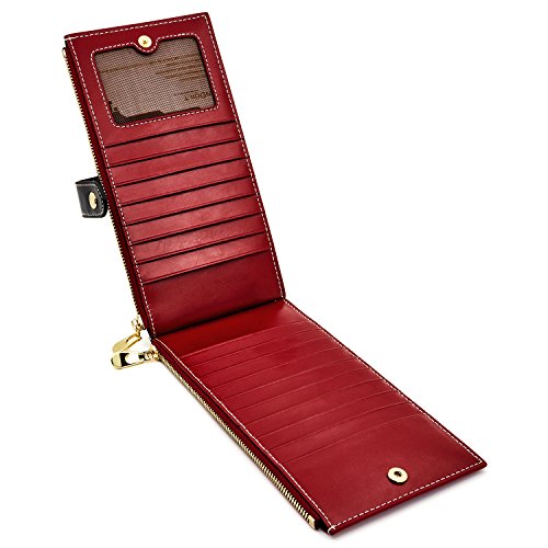 ANDOILT - Cartera de piel auténtica para mujer con bloqueo RFID y cierre para tarjetas de crédito - Rojo - Talla única