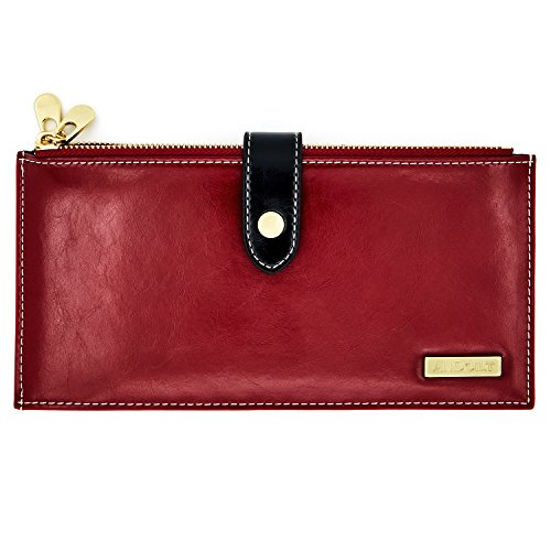 ANDOILT - Cartera de piel auténtica para mujer con bloqueo RFID y cierre para tarjetas de crédito - Rojo - Talla única