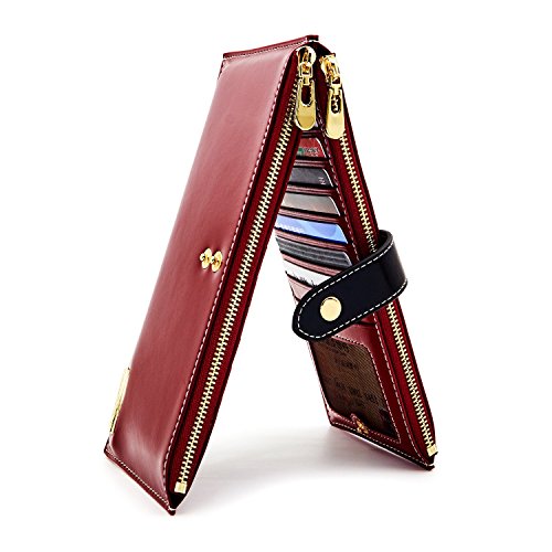 ANDOILT - Cartera de piel auténtica para mujer con bloqueo RFID y cierre para tarjetas de crédito - Rojo - Talla única