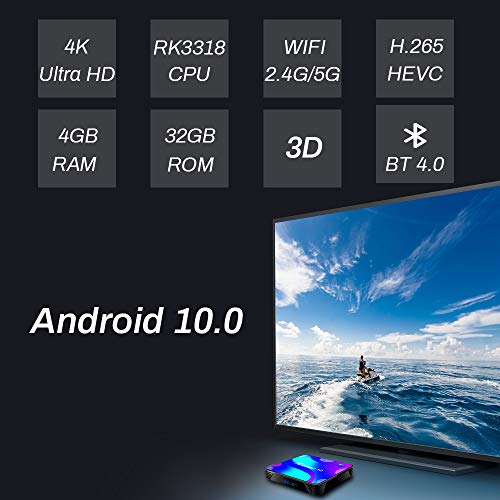 Android TV Box 10, 4GB RAM 32GB ROM Android 10 Compatible con 4K 3D, RK3318 Dual-WiFi 2.4g / 5g Smart TV Box con Mini Teclado
